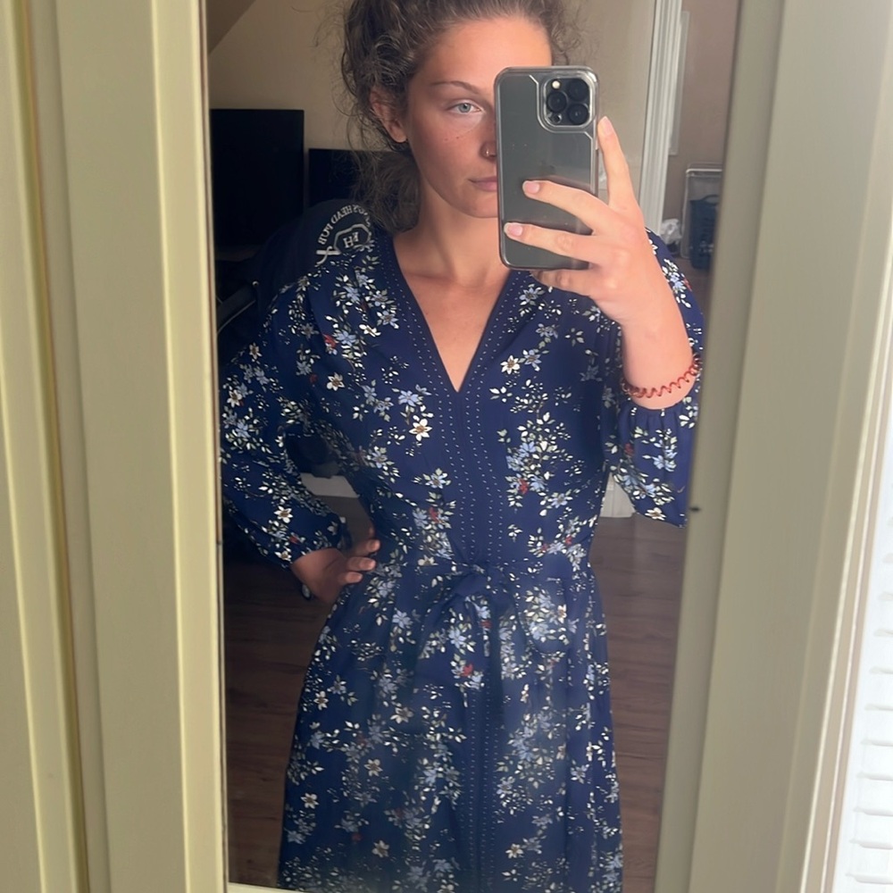 Floral Navy Long Sleeve Midi Dress